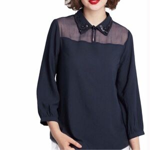 Modcloth Blouse Women's Size 1X Navy Blue Sheer Embellished Collar Pullover NWOT